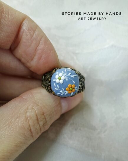 Polymer Clay Ring US size 7 (17.3mm) Blue Valley